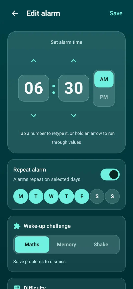 Math Alarm Clock alarm editor with time, repeat days and challenge type