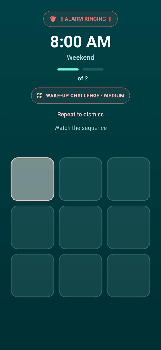 Math Alarm Clock memory challenge ringing screen with a grid of tiles