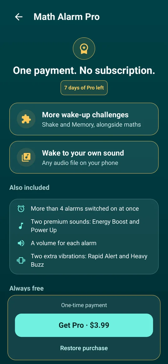 Math Alarm Clock Pro screen listing the Pro features and a one-time price
