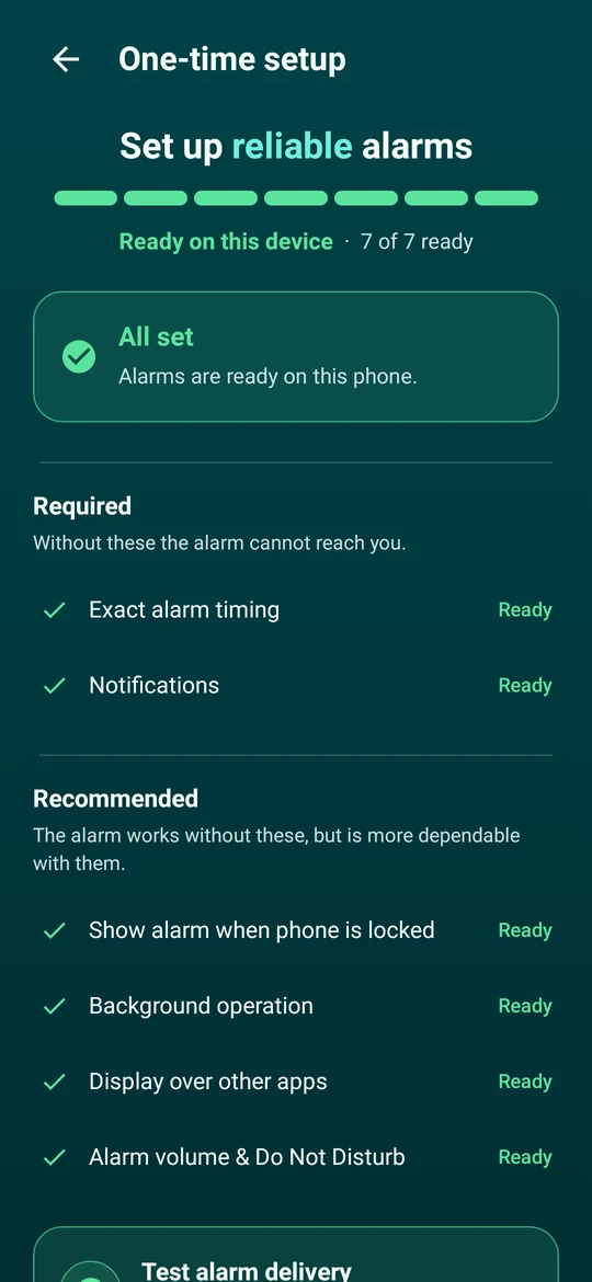 Math Alarm Clock one-time setup screen with every check marked ready