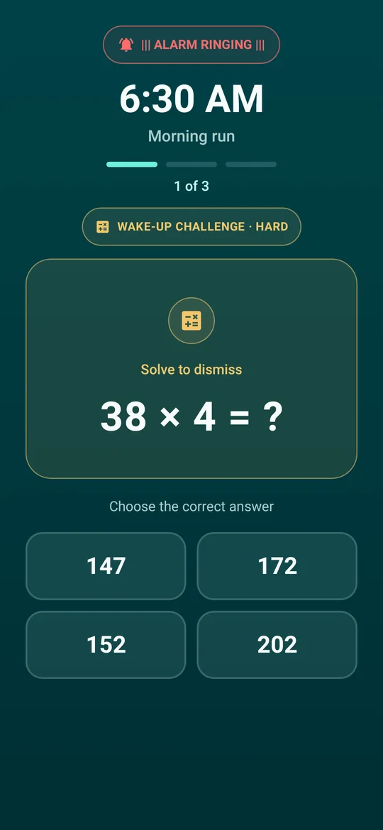 Math Alarm Clock ringing screen showing a multiplication problem with four answers